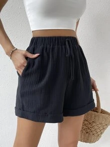 SHEIN VCAY Quần đùi nữ Túi màu trơn Giải trí - màu đen - Xem 4