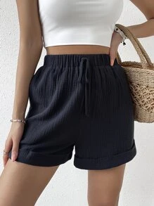 SHEIN VCAY Quần đùi nữ Túi màu trơn Giải trí - màu đen - Xem 5