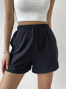 SHEIN VCAY Quần đùi nữ Túi màu trơn Giải trí - màu đen - Xem 6