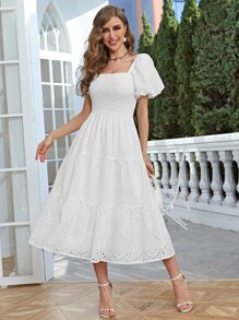 Simplee 方領泡泡袖荷葉邊網眼刺繡連衣裙 - 白色 - 查看 1