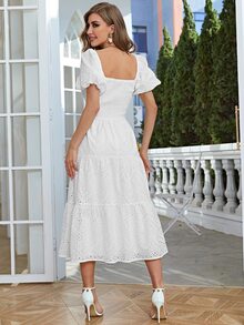 Simplee 方領泡泡袖荷葉邊網眼刺繡連衣裙 - 白色 - 查看 2