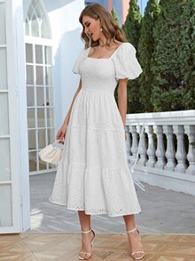 Simplee 方領泡泡袖荷葉邊網眼刺繡連衣裙 - 白色 - 查看 3