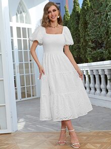 Simplee 方領泡泡袖荷葉邊網眼刺繡連衣裙 - 白色 - 查看 4