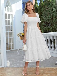 Simplee 方領泡泡袖荷葉邊網眼刺繡連衣裙 - 白色 - 查看 5