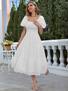 Simplee 方領泡泡袖荷葉邊網眼刺繡連衣裙 - 白色 - 查看 6