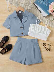 SHEIN Chicas pecho con fruncido Shorts con top de tirantes & con botón delantero Blusa - Azul y blanco - Ver 1