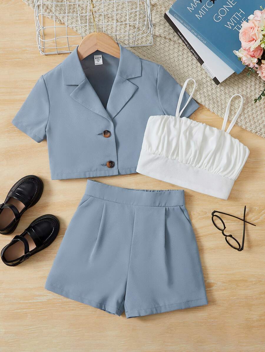 SHEIN Chicas pecho con fruncido Shorts con top de tirantes & con botón delantero Blusa - Azul y blanco - Ver 1