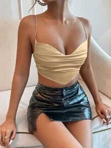 SHEIN Privé Draped Bandana Hem Lace Up Back Satin Rhinestone Cami Top - Champagne - View 1