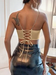 SHEIN Privé Draped Bandana Hem Lace Up Back Satin Rhinestone Cami Top - Champagne - View 2