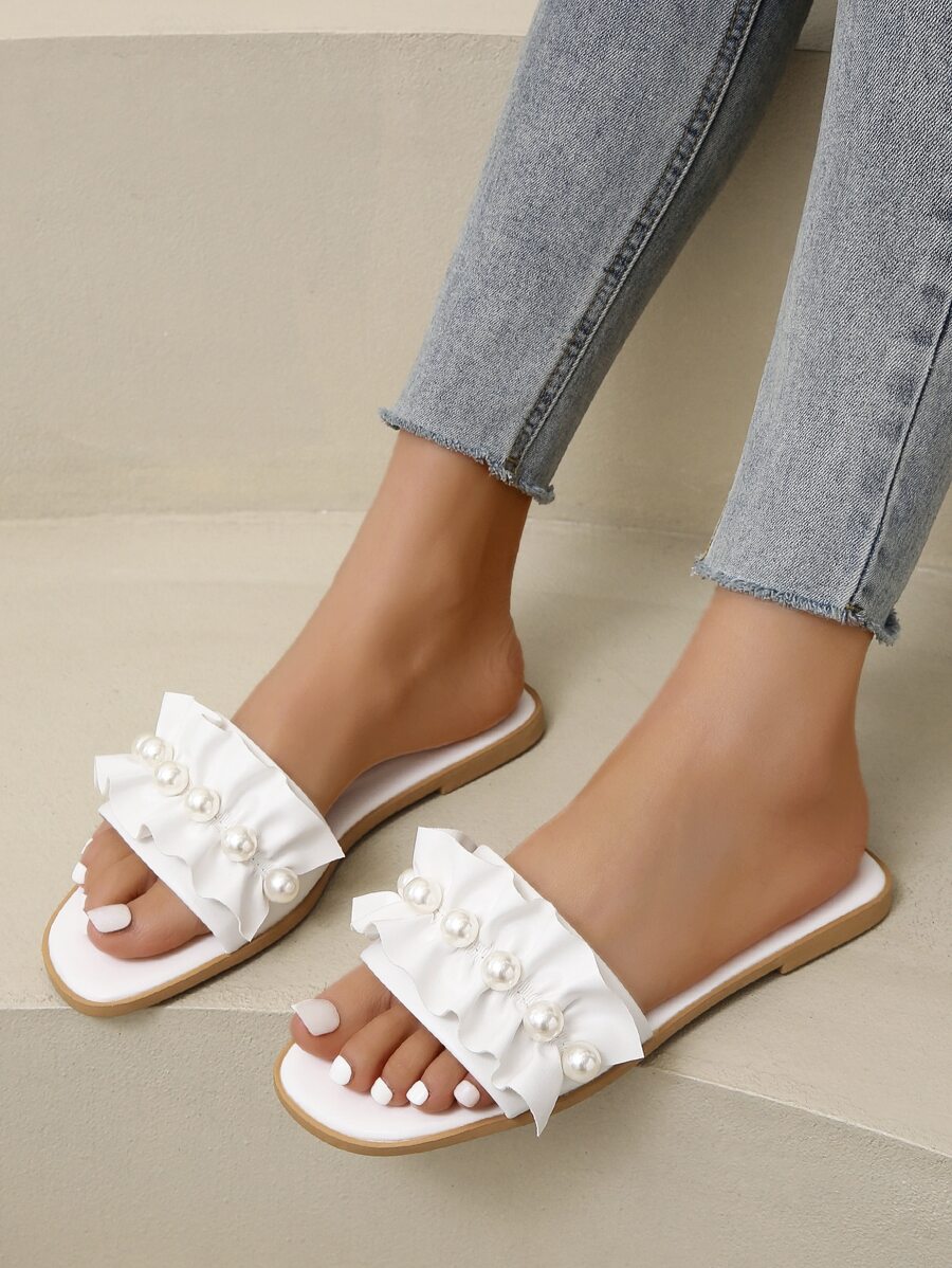 Fashion White Slide Sandals For Women, Faux Pearl Decor Ruffle Detail Sandals - White - View 1
