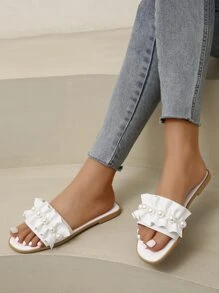 Fashion White Slide Sandals For Women, Faux Pearl Decor Ruffle Detail Sandals - White - View 2
