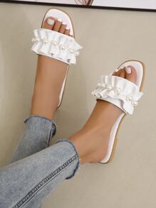 Fashion White Slide Sandals For Women, Faux Pearl Decor Ruffle Detail Sandals - White - View 4
