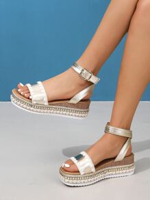 Giày bệt dày và Dép nêm Nữ Dây tết  màu trơn Dây đeo mắt cá chân Kỳ nghỉ - Vàng - Xem 3