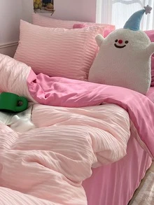 3 cái/bộ Bộ vỏ chăn màu hồng không có chất độn, Bộ vỏ chăn có họa tiết vải hiện đại (1 vỏ chăn, 2 vỏ gối) cho gia đình - Màu Hồng  Dưa hấu - Xem 3
