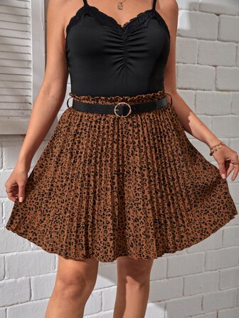 SHEIN Privé 大碼豹紋印花百褶半身裙不附腰帶