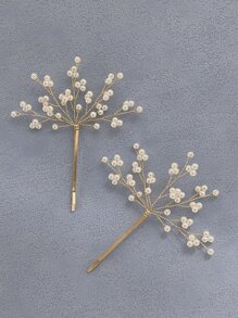 Elegant 2pcs Faux Pearl Decor Flower Hair Pin Tiaras - Gold - View 2