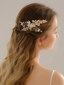 1 件优雅手工花朵装饰发夹，女士新娘婚礼派对配饰 - 金色 - 查看 1
