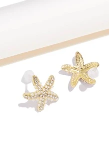 Cubic Zirconia Starfish Stud Earrings - Yellow Gold - View 2