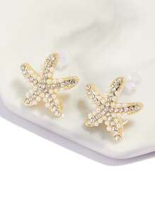 Cubic Zirconia Starfish Stud Earrings - Yellow Gold - View 4