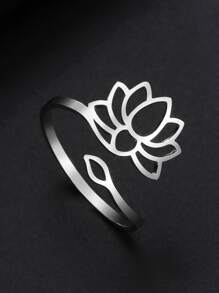 Anillo de brazalete con decoración de loto de 1 pieza, joyería de acero inoxidable