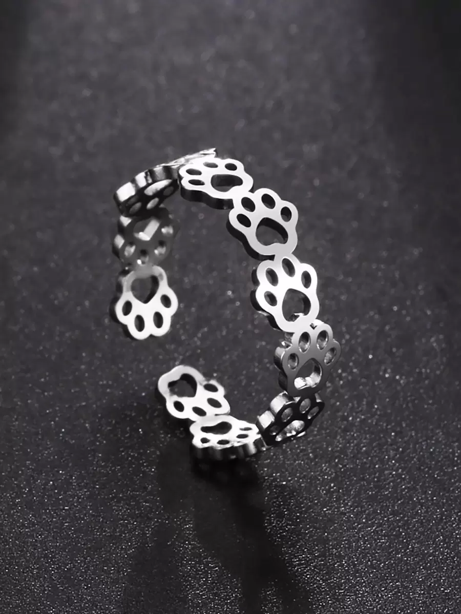 1pc Hollow Out Paw Design Cuff Ring, Stainless Steel Jewelry - Silver - View 1