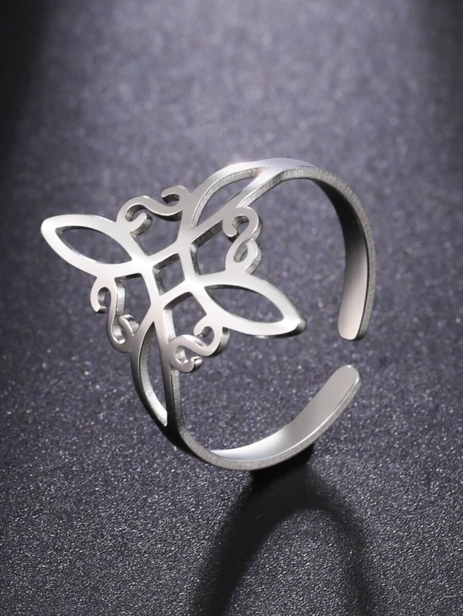 1pc Hollow Out Cuff Ring, Stainless Steel Jewelry