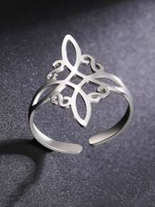 1pc Hollow Out Cuff Ring, Stainless Steel Jewelry - Silver - View 3