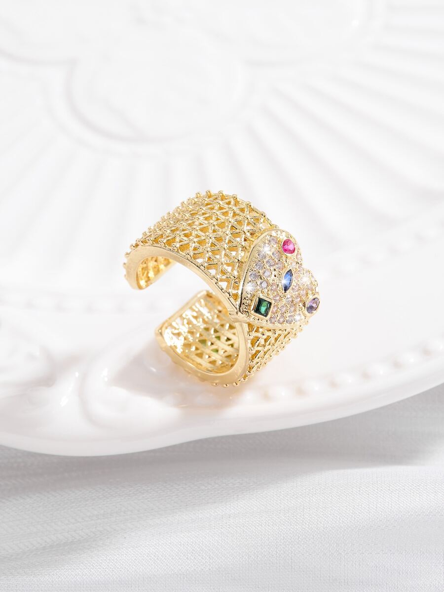 Rhinestone Decor Heart Detail Cuff Ring - Multicolor - View 1