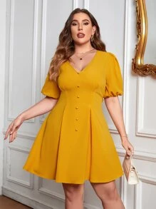 SHEIN Clasi Plus Puff Sleeve Fake Button Fold Pleated Detail Dress - Yellow - View 5
