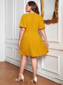 SHEIN Clasi Plus Puff Sleeve Fake Button Fold Pleated Detail Dress - Yellow - View 2