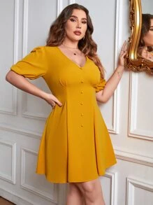 SHEIN Clasi Plus Puff Sleeve Fake Button Fold Pleated Detail Dress - Yellow - View 3