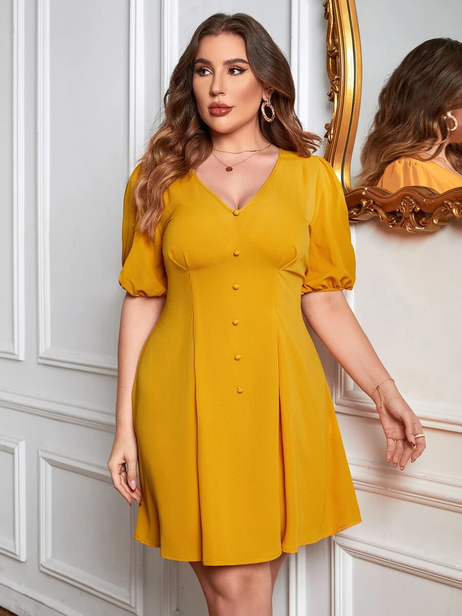 SHEIN Clasi Plus Puff Sleeve Fake Button Fold Pleated Detail Dress - Yellow - View 1