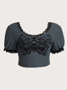 Áo thun nữ Tương phản ren Lễ Các Thánh Giải trí - Xám - Xem 1