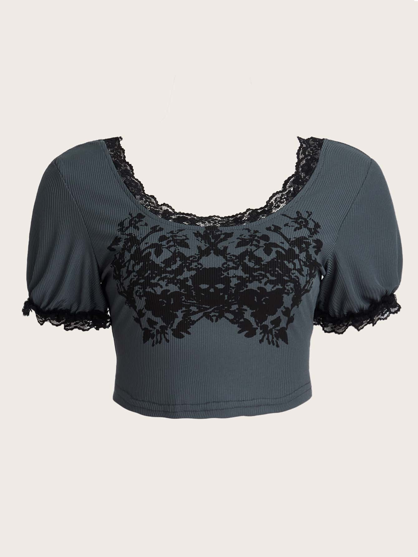 Áo thun nữ Tương phản ren Lễ Các Thánh Giải trí - Xám - Xem 1