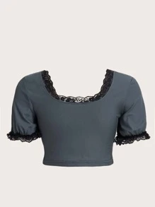 Áo thun nữ Tương phản ren Lễ Các Thánh Giải trí - Xám - Xem 2