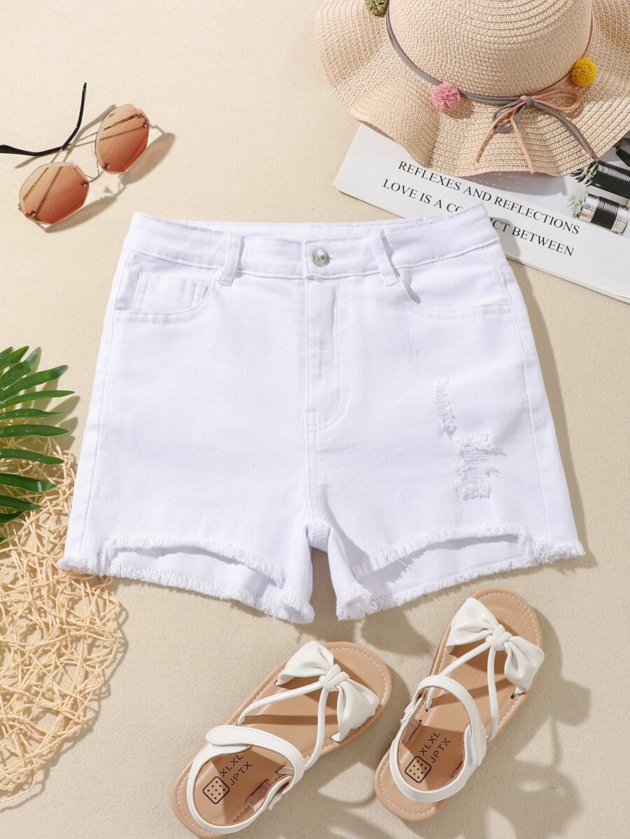 青少年女孩破洞毛邊牛仔短褲 - 白色 - 查看 1