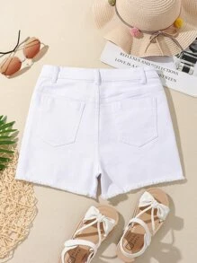 青少年女孩破洞毛邊牛仔短褲 - 白色 - 查看 2