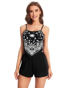 SHEIN VCAY Paisley Print Bandana Top & Shorts - Black - View 1
