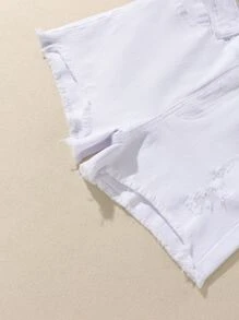 青少年女孩破洞毛邊牛仔短褲 - 白色 - 查看 3