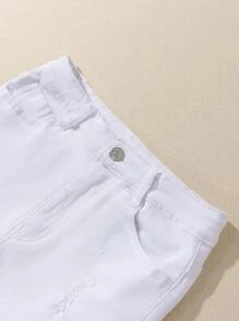 青少年女孩破洞毛邊牛仔短褲 - 白色 - 查看 4