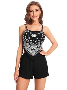 SHEIN VCAY Paisley Print Bandana Top & Shorts - Black - View 3
