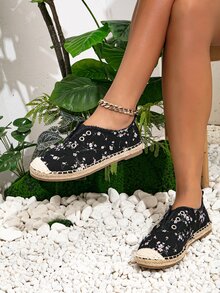 Women Floral Pattern Espadrilles Knit Vacation Flats - Black - View 7