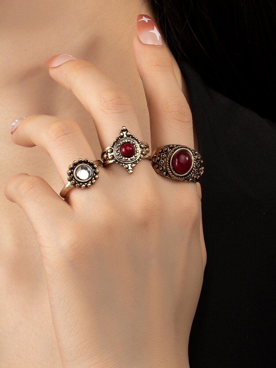 3pcs/set Round & Oval Decor Ring - Multicolor - View 1