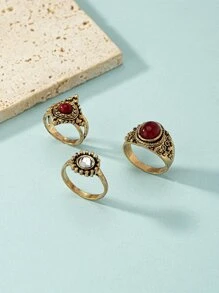 3pcs/set Round & Oval Decor Ring - Multicolor - View 3
