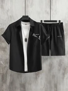 Manfinity Men Letter Graphic Shirt & Drawstring Waist Shorts Without Tee - Black - View 1