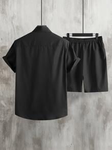 Manfinity Men Letter Graphic Shirt & Drawstring Waist Shorts Without Tee - Black - View 2