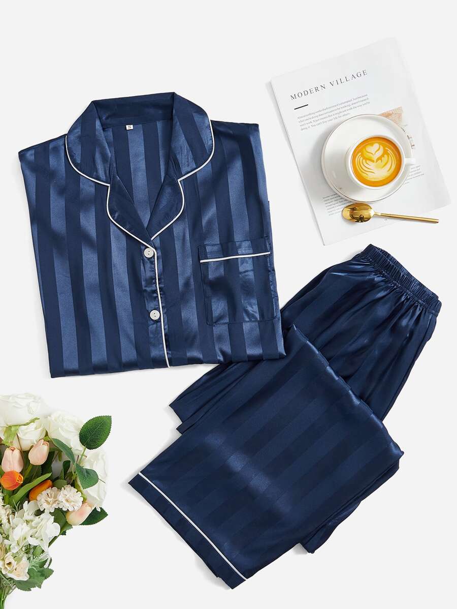 Contrast Piping Satin Pajama Set, Fall Clothes Cozy And Elegant Details, Winter - Navy Blue - View 1