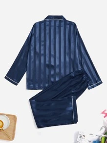 Contrast Piping Satin Pajama Set, Fall Clothes Cozy And Elegant Details, Winter - Navy Blue - View 2