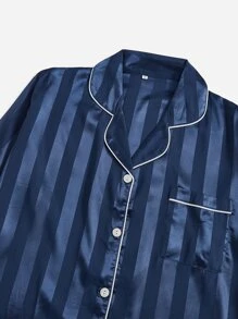 Contrast Piping Satin Pajama Set, Fall Clothes Cozy And Elegant Details, Winter - Navy Blue - View 4