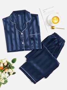 Contrast Piping Satin Pajama Set, Fall Clothes Cozy And Elegant Details, Winter - Navy Blue - View 5